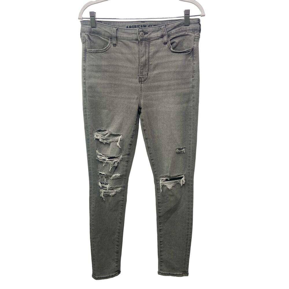 American Eagle Outfitters Denim Distressed Mid Rise Skinny Jeans Gray Women's 10